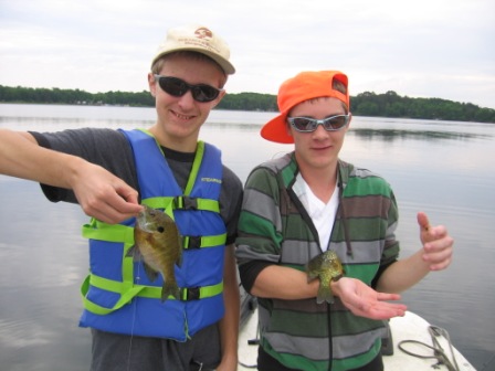 Ben C. and Jake K. caught these panfish using nightcrawler pieces and bobbers in water 4 feet deep; June 7, 2012.