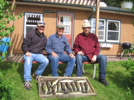 Don M., Dave C., and George N. with a limit of 12-16 inch bass caught on soft plastic baits on Benoit Lake, May 31, 2015.  We ate these fish at my family reunion fish-fry.