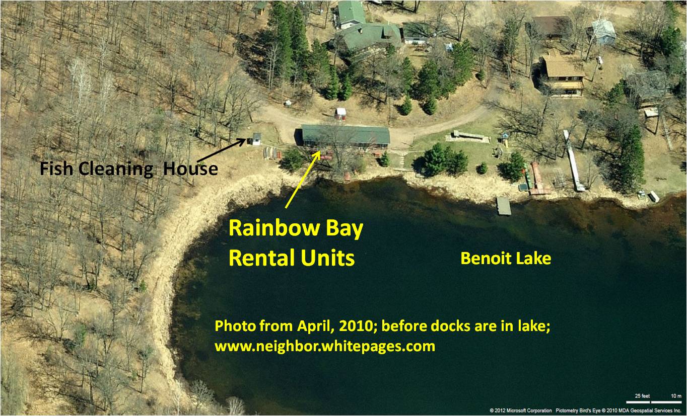 Aerial view of rental units and surrounding area before leaves are out or docks are in the water.